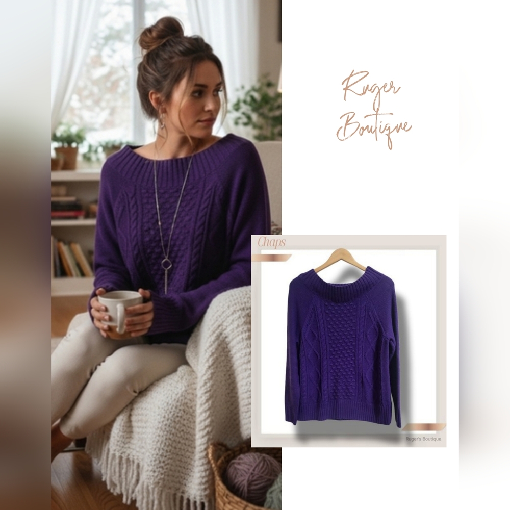 🌿Chaps Women's Medium Royal Purple Boat Neck Cable Knit Sweater-Beautiful!